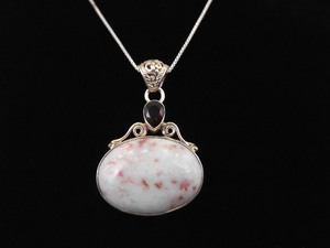 lot 21 image: .925 Sterling Silver Pear Cut Garnet Rhodonite Quartz Cabochon Pendant Necklace