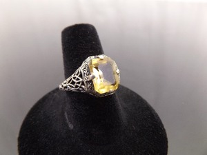 lot 67 image: .925 Sterling Silver Emerald Cut Citrine Scrolled Ring Size 7.5