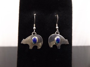 lot 80 image: .925 Sterling Silver Azurite Cabochon Navajo Bear Dangle Hook Earrings
