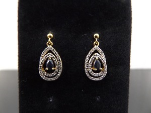 lot 82 image: .925 Sterling Silver Diamond Accented Pear Cut Sapphire Vermeil Dangle Post Earrings