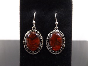 lot 88 image: .925 Sterling Silver&nbspBlood Red Swirled Glass&nbspDangle Hook Earrings
