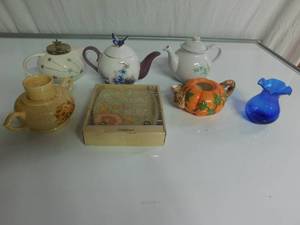 4 Teapots, vase,candle holder,and plate
