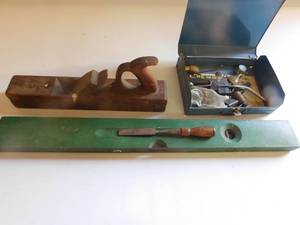 Wood level, vintage Planer, chisle,Ace propane torch