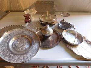 Tote of Metal Dishes and other glassware