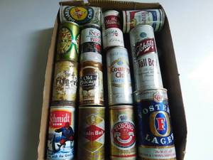 Box of vintage beer cans