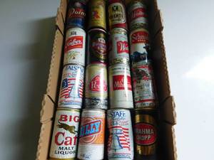 Box of vintage beer cans