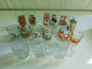Show Biz pizza, 1964 flinstone glasses, Disney & Garfield cups & Christmas cups