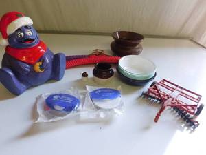 Cookie jar, dishes, hangers,toy tractor accesory,advertisement pizza cutters