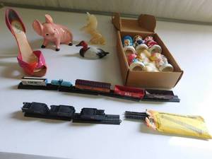 Mini train set w metal cars,strawberry shortcake figurines, stone horse and more