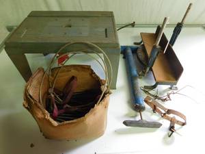 Router table, box of lag screws, miter, hand tire pump, trap