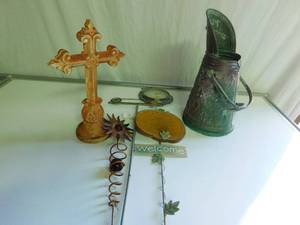 Cast iron cross, copper pot, 3 garden signs, and thermometer