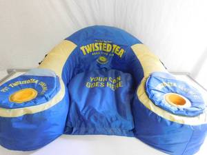 Twisted tea river floatie with holders and cooler on arms
