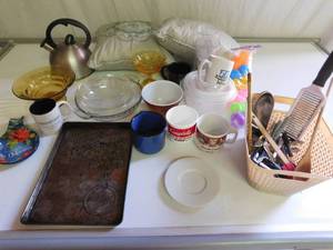2 pillows, dishes &amp vintage cookie sheet