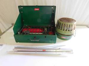 Vintage coleman stove with folding stand and a Catalyhe Heater