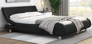 New King Size Faux Leather Low Profile Upholstered Platform Bed Frame with Curved Headboard