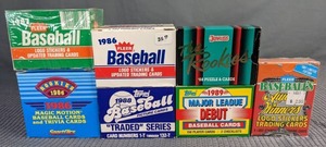 (7) Boxes of Playing Cards 1987 Fleer, 1986 Fleer, 1986 Rookie, 1988 Donruss, 1988 & 1989 Topps, & Fleet Award Winners Logo Stickers Trading Cards MLB X