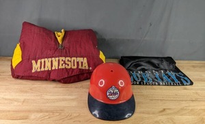 Baseball Hard Hat, Toronto Blue Jays Size XL Shirt and Minnesota Gophers Size M Starter Jacket X