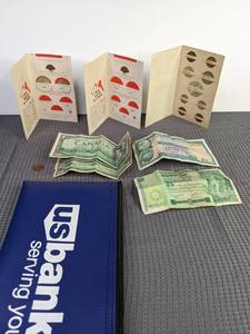 Assortment of International Currency and Bank Bag X