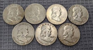 Set of (7) Benjamin Franklin Half Dollar Coins 1957, 1954, 1963, 1961, 1958, 1948 X