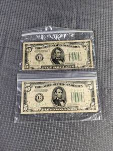 (2) 1934 United States Five Dollar Bills Q