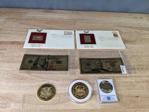 24K Gold Foil $100 & $50 Bill, 1991 Fishing Flies Leftys Deceiver & 1982 Horatio Alger American Author First Day Issue Golden Stamps, 1877 $50 Gold Half Union, 2009 $100 Benjamin Franklin Banknote Coin and 1933 Saint-Gauden Gold Double Eagle Replica Q