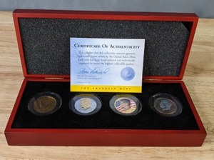 2010 Franklin Mint Boxed Set of 4 Kennedy Half Dollar Coins, Colorized and Gold Gilded with a COA  Q