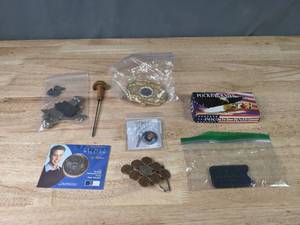 Mixed Lot  Vintage Bottle Openers, Silver Army Rifle Medal, Engraving Tool, Belt Buckles, Elvis Coin, and More  Q