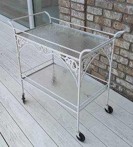 lot 48 image: Glass Topped Rolling Patio Bar Cart