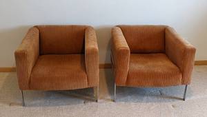 lot 3 image: Pair of Mid Century Chrome Base Upholstered Lounge Chairs