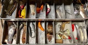 lot 114A image: 2 Vintage Tackle Boxes with Lures and More