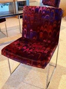 lot 6 image: Vintage Modern Chrome Table with Smokey Glass Top and Jack Larsen Tuxedo Fabric Upholstered Chairs