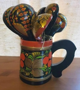 lot 124 image: Collection Of Rosemaling and Soviet Union Style Spoons And Mug