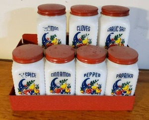 lot 154 image: Vintage Milk Glass Cannisters With Spice Rack