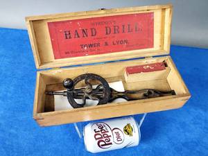 lot 66 image: Antique Whitneys hand Drill in a Wooden Case