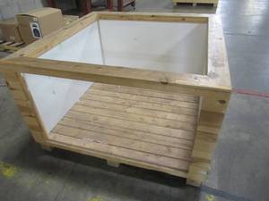 lot 239 image: Pallet-sized wooden retail display bin with plexiglass front window. Approximate Dimensions 50 x 50 x 30 Tall.