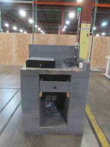 lot 254 image: RETAIL CASH REGISTER CHECKOUT ISLAND, Approximately 36 x 25 x 52 12 Tall, 39 12 Work Top. With cash drawer and power hook up - Used in retail store.