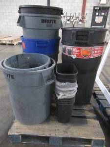 lot 257 image: LARGE PALLET  OF MISCELLANEOUS TRASH CANS - USED IN RETAIL STORE AND WAREHOUSE