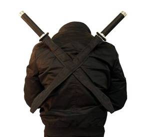lot 171 image: Black Twin Ninja Sword Set with Body Harness Strap Dual Blades