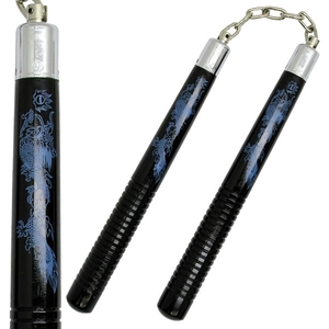 lot 168 image: 12 Black Finish Wood Nunchaku with Blue Dragon Graphics