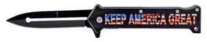 lot 130 image: 4.5 Spear Point Stiletto Style Folding Pocket Knife with Belt Clip - Keep America Great President Trump