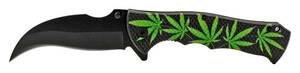 lot 129 image: 4.75 Textured Handle Spring Assisted Folding Pocket Knife with Belt Clip - Marijuana Leaf