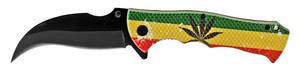 lot 128 image: 4.75 Textured Handle Spring Assisted Folding Pocket Knife with Belt Clip - Rasta Marijuana Leaf