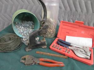 lot 31 image: ANTIQUE CAST IRON PUNCH PRESS, ROLL OF WIRE AND MORE