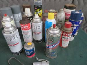 lot 64 image: BOX OF MISC. SPRAYS, SEALER, PAINT, FLUX, & FLINT STARTER