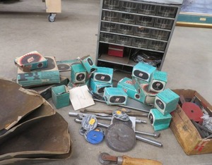lot 104 image: OLDSTYLE METAL CABINET  TIRE PATCH KIT, EXTRA PATCHES AND TOOLS, & AIR NOZZELS