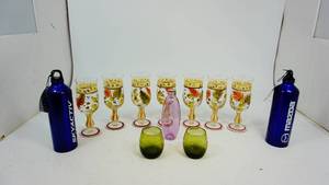 lot 1 image: Hand Painted Autumn Leaves Wine Glass 8 Set of Seven, MCM Green Swirl Whiskey Glass Set of Two, Purple Vase etc.