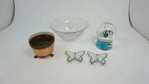 lot 22 image: Home Decor Including Footed Copper Pot, Butterfly Trinket Glass Dishes etc.