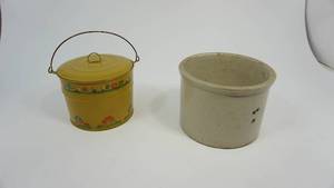 lot 26 image: Covered Tin Pail with Mushroom Decals, Small Unmarked Crock
