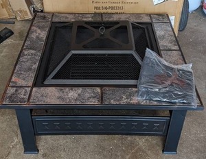 lot 244 image: Pure Garden 32 inch Square Tile Fire Pit with Cover - Bronze Finish