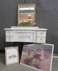 lot 8 image: VINTAGE WHITE SEWING CABINET & VANITY TRAYS, GOLD FRAMED MIRROR, 2 PICTURES